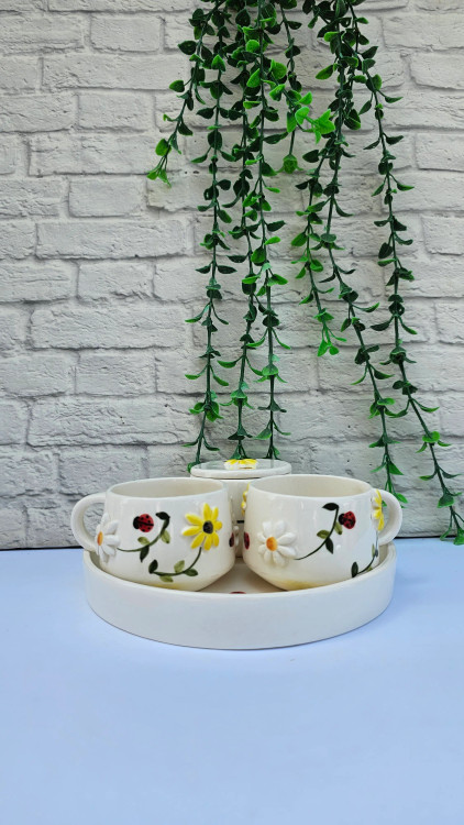 ست چایخوری سرامیکی دستساز دو نفره طرح بابونه