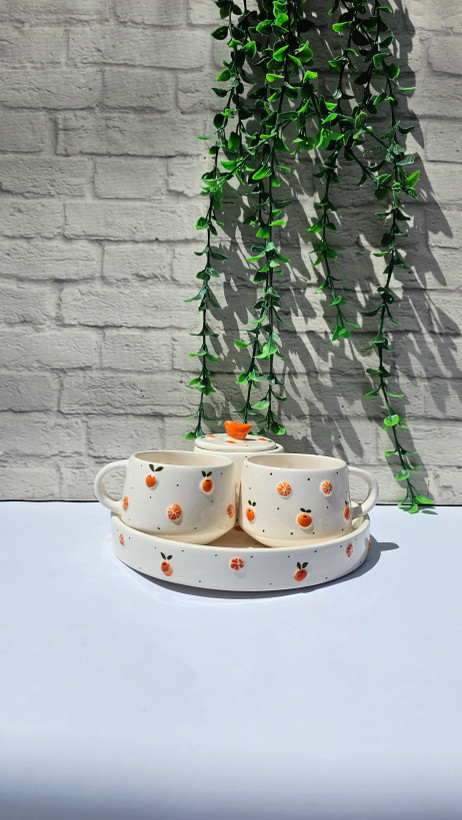 ست چایخوری سرامیکی دستساز دو نفره طرح پرتقالی