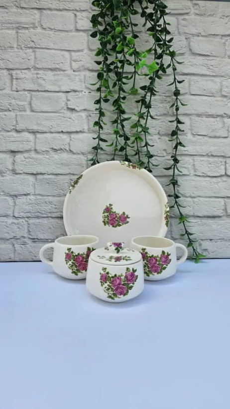 ست چایخوری سرامیکی دستساز دو نفره طرح گل سرخی